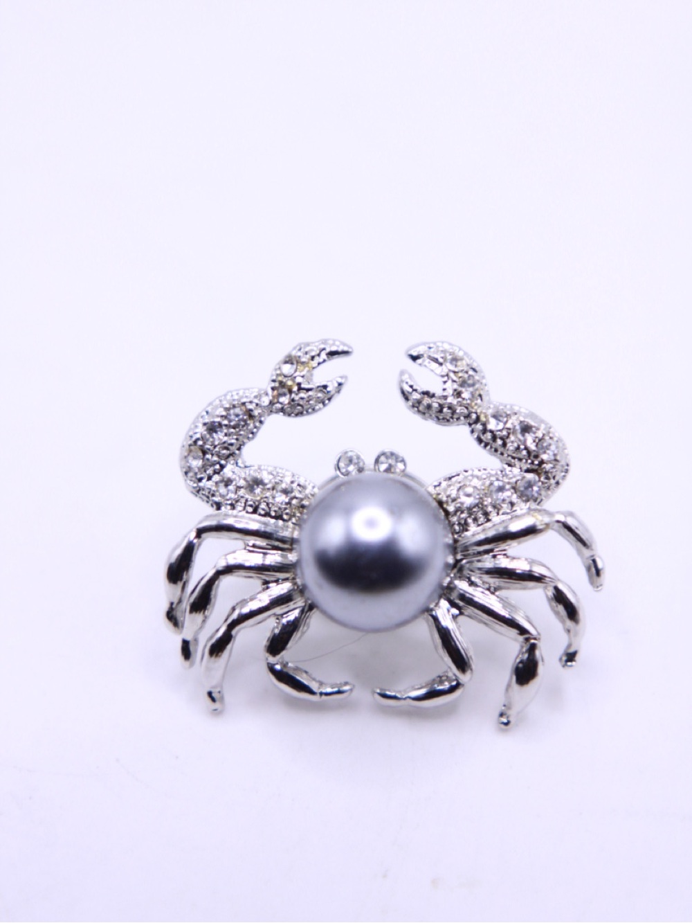 Silver tone Crab Faux Pearl Pave Rhinestone lapel Pin
